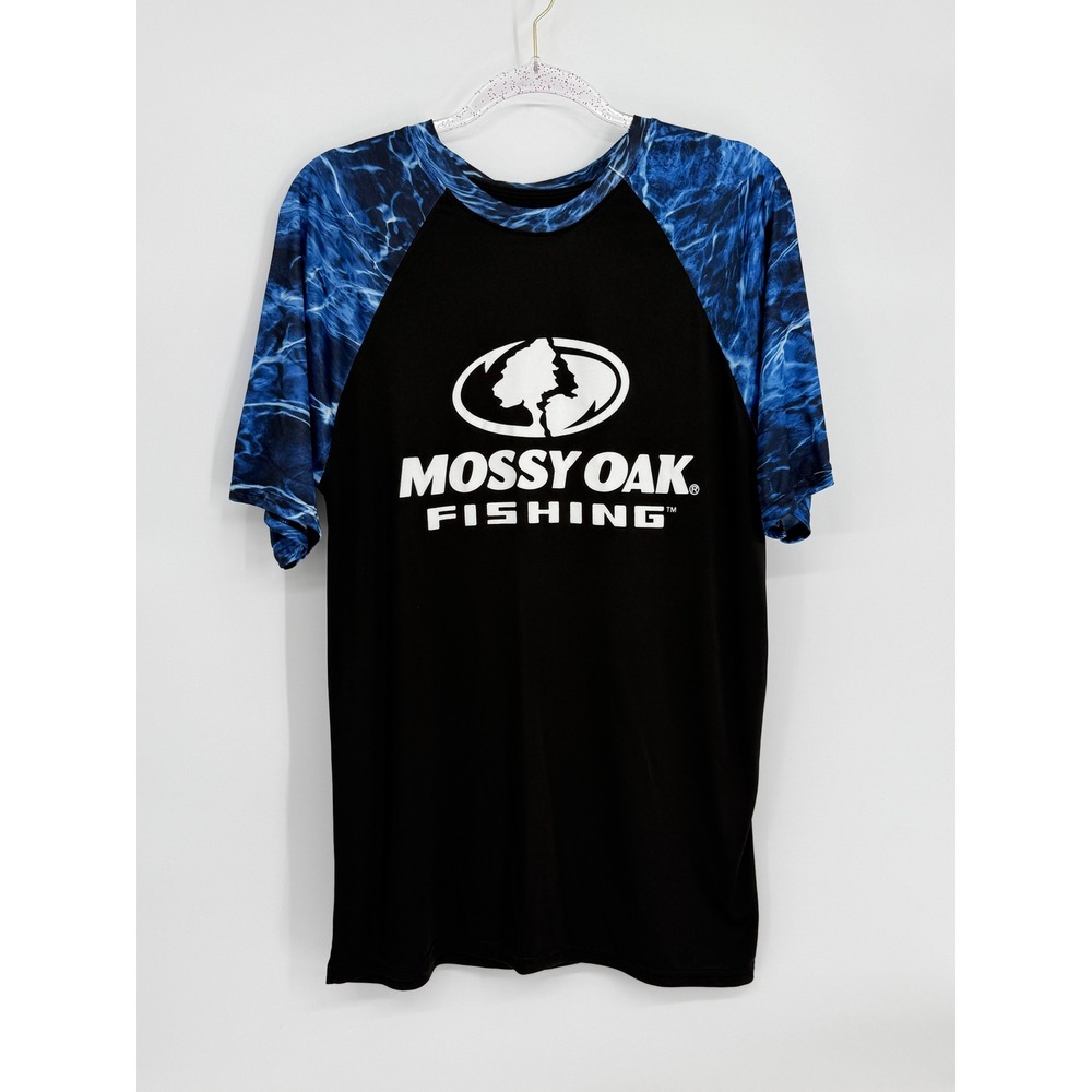 Mossy Oak Fishing Mens Black Blue Water Camo Raglan Performance T-Shirt Sz M‎